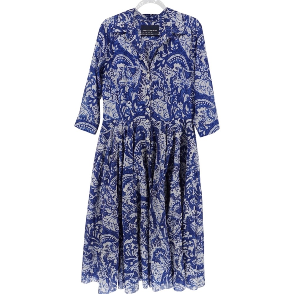 Samantha Sung Blue White Paisley Cotton Pleated Midi Dress Womens 10